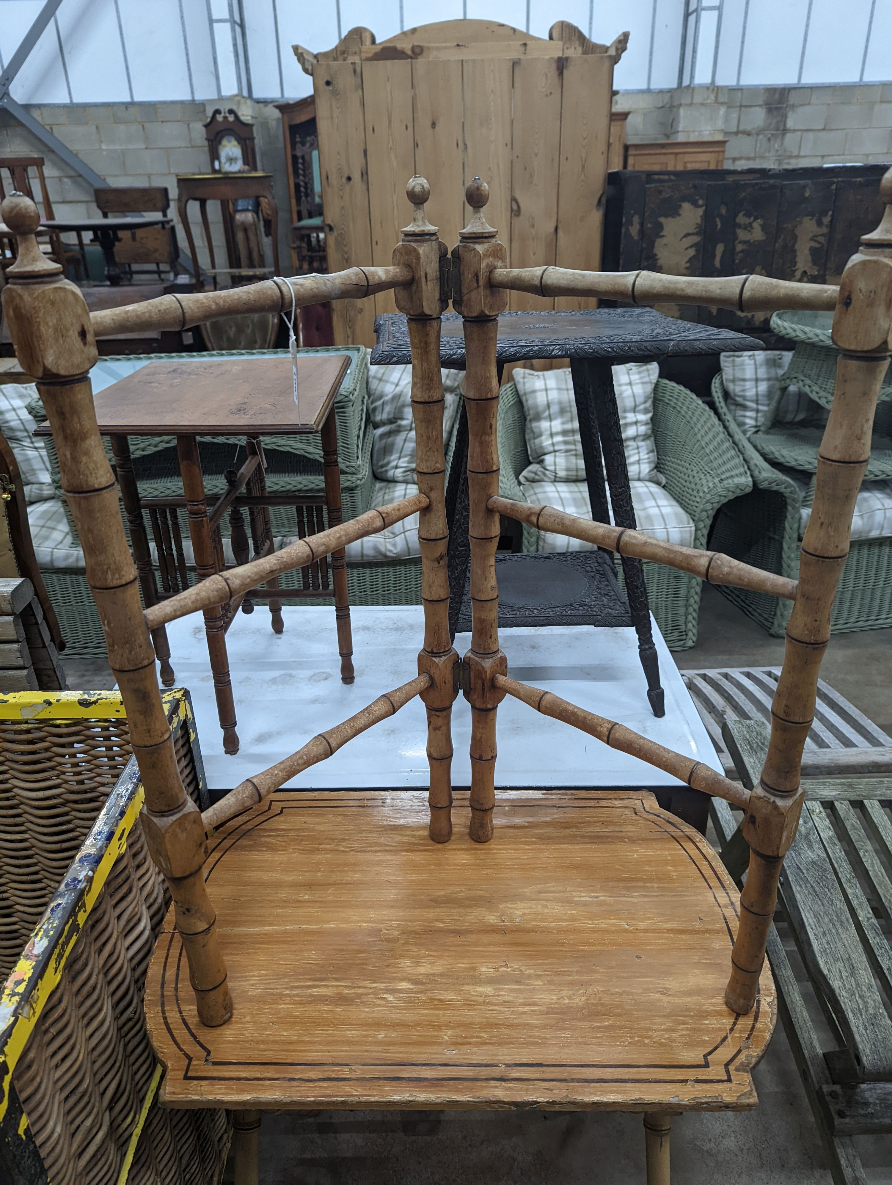 A Victorian simulated bamboo rectangular painted occasional table, width 71cm, depth 46cm, height 70cm together with a folding towel rail